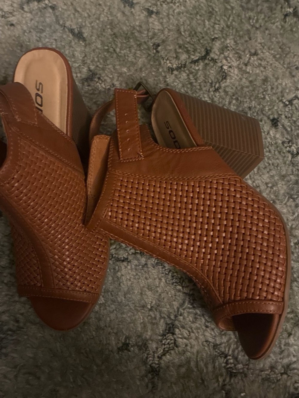 Soda Tan Woven Peep-Toe Block Heel Sandals